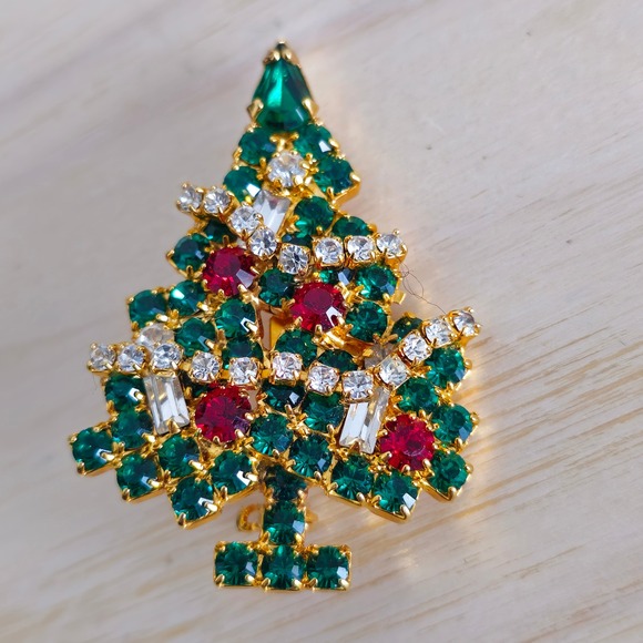 Eisenberg Ice Jewelry - Eisenberg Ice Christmas Tree Pin Rhinestone Green Red Gold Tone‎ Brooch